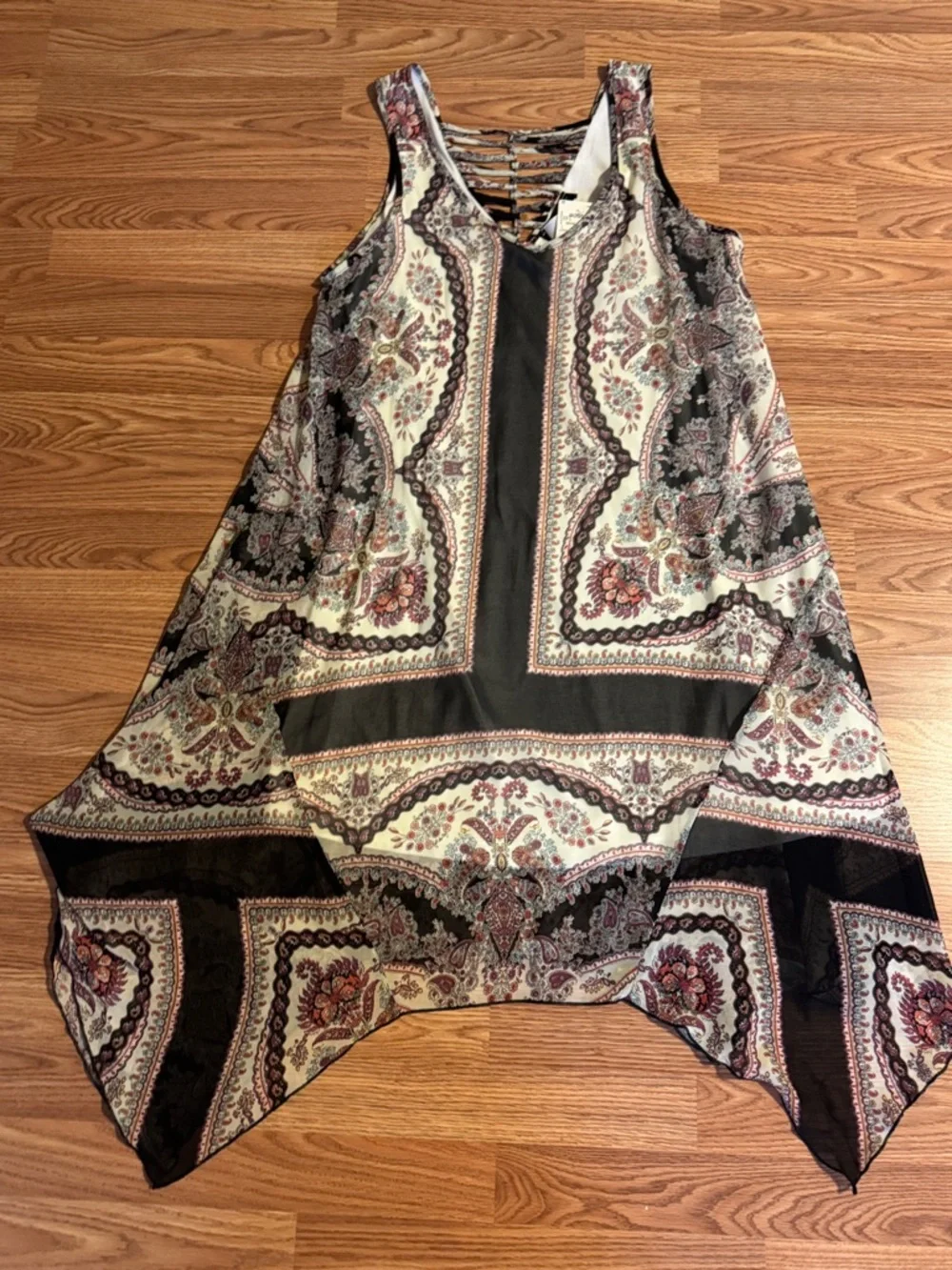 Asymmetrical Paisley Tank Dress in Cream and Brown - Picture 7 of 11
